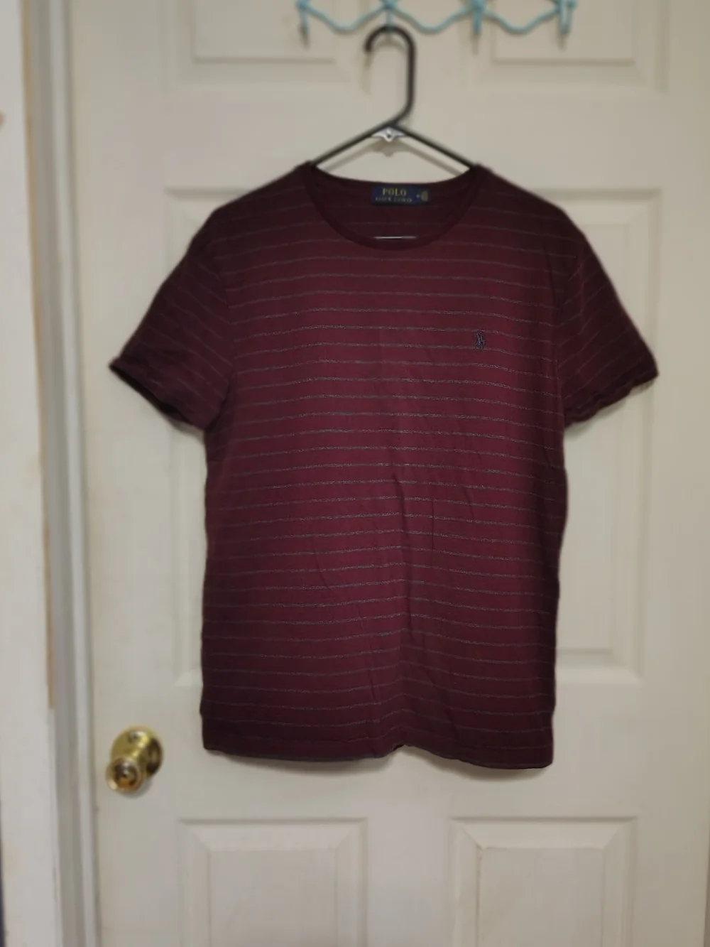 Polo Ralph Lauren Mens Crew Neck Striped T-Shirt Burgundy Gray Logo Size M Prep